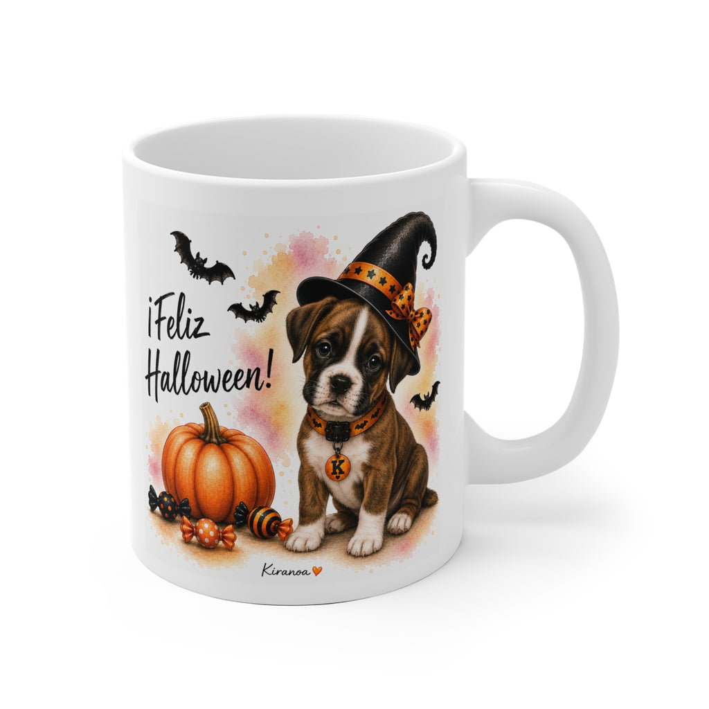 Taza cerámica Bóxer Halloween con ilustración terrorífica vista frontal Kiranoa