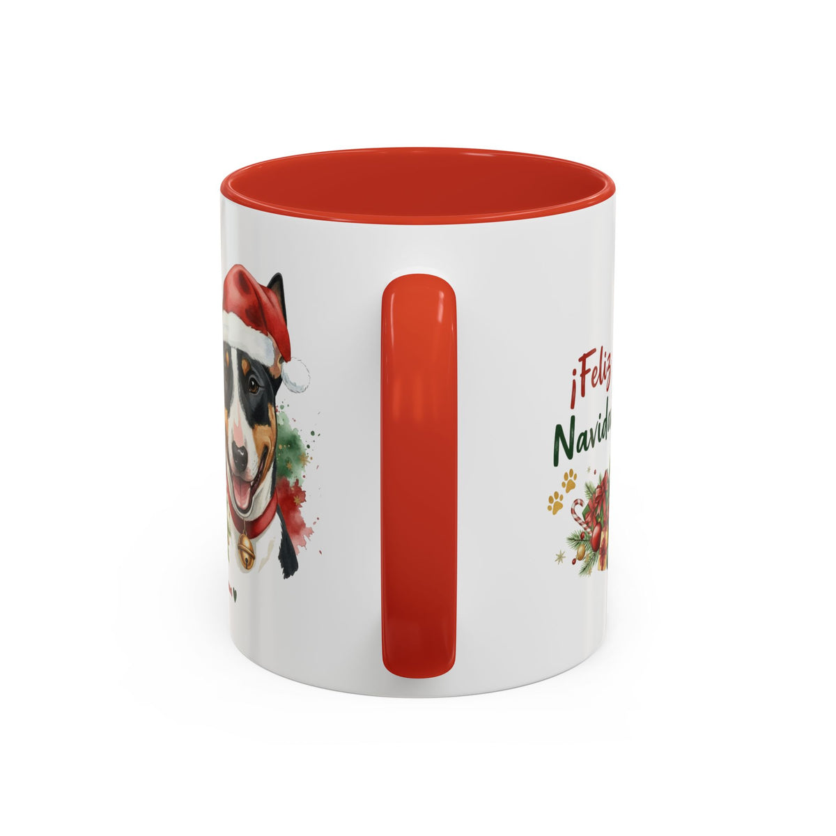 Taza Navideña Bull Terrier Tricolor de 325 ml con interior y asa en rojo navideño vista lateral Kiranoa 
