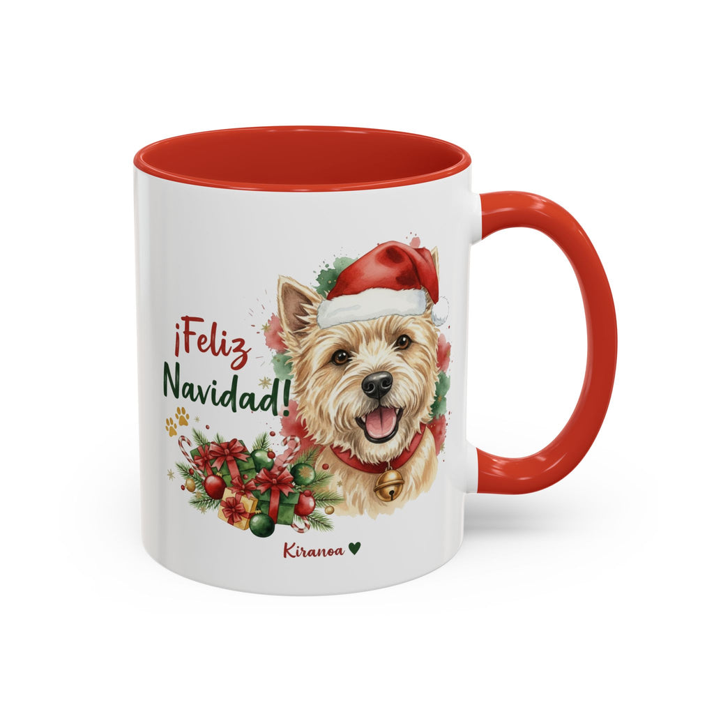 Taza Navideña Cairn Terrier con frase ¡Feliz Navidad! vista frontal Kiranoa
