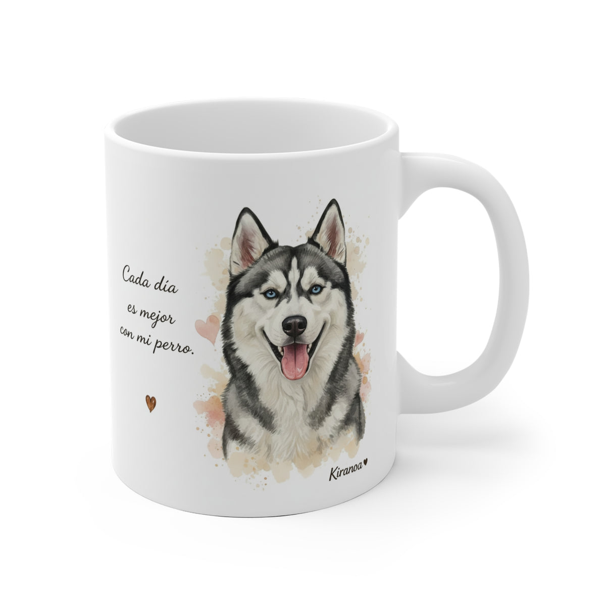 Taza cerámica Husky Siberiano con frase Cada día es mejor con mi perro. – vista frontal