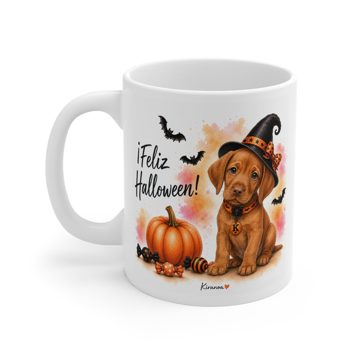 Taza cerámica Vizsla Halloween con diseño impreso en ambas caras vista trasera Kiranoa