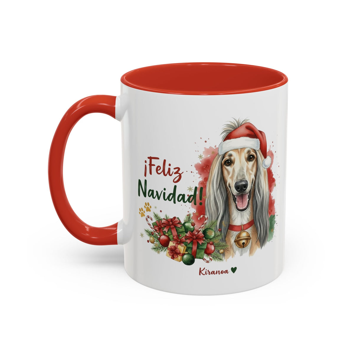 Taza Navideña Galgo Afgano con interior y asa roja vista trasera Kiranoa