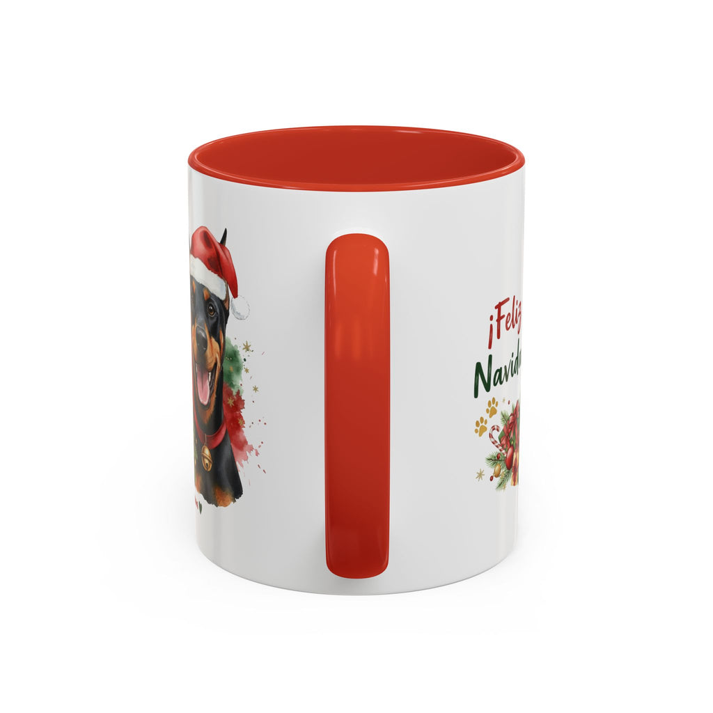 Taza Navideña Dóberman de 325 ml con interior y asa en rojo navideño vista lateral Kiranoa 