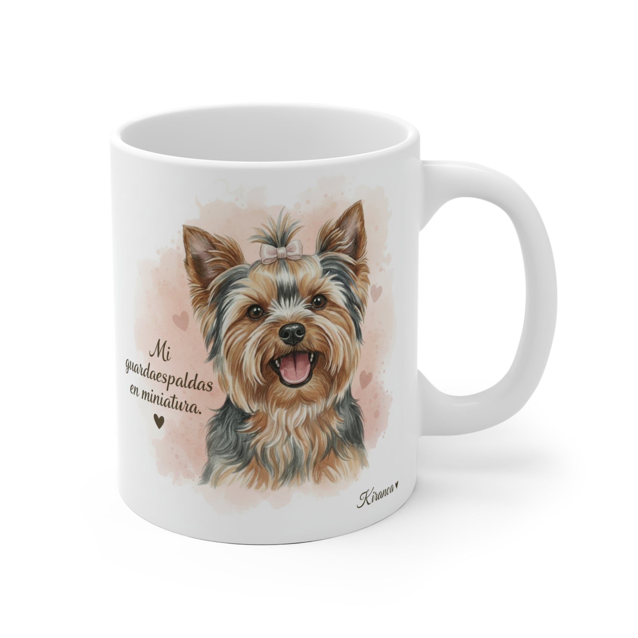 Taza cerámica Yorkshire Terrier con frase Mi guardaespaldas en miniatura – vista frontal
