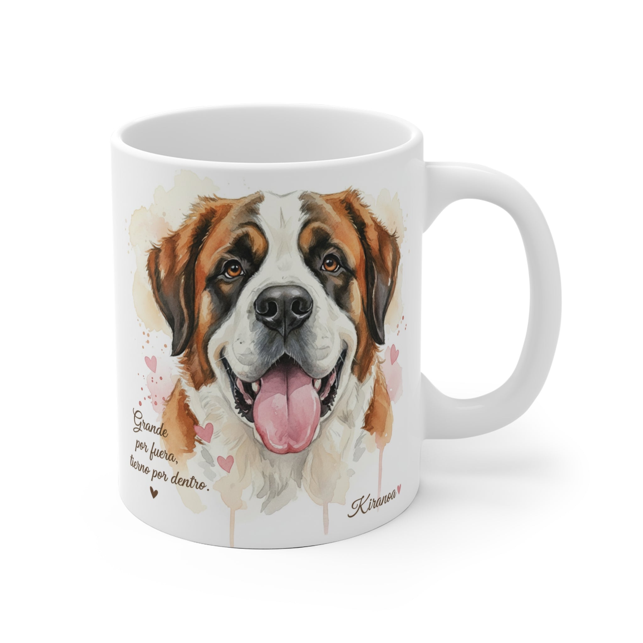 Taza cerámica San Bernardo con frase Grande por fuera tierno por dentro – vista frontal
