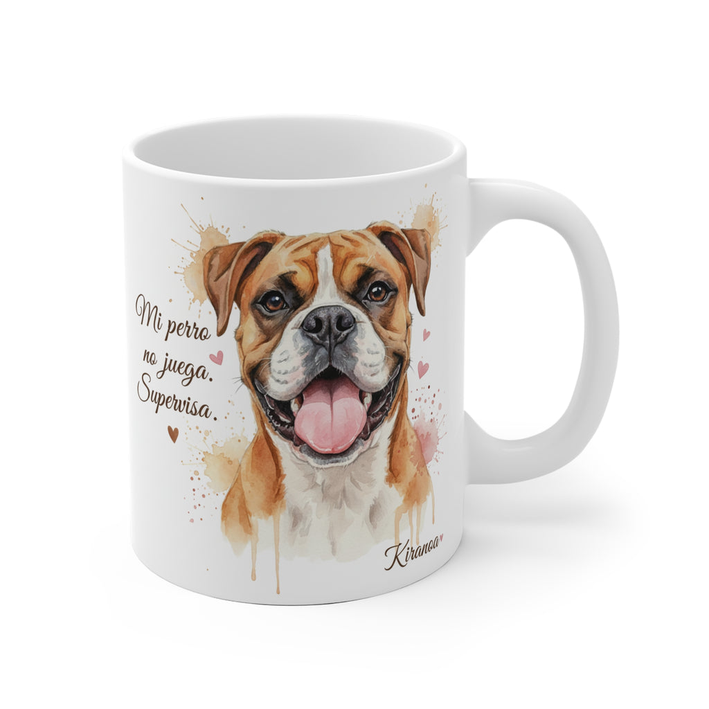 Taza Boxer con la frase Mi perro no juega supervisa — ilustración acuarela — Kiranoa