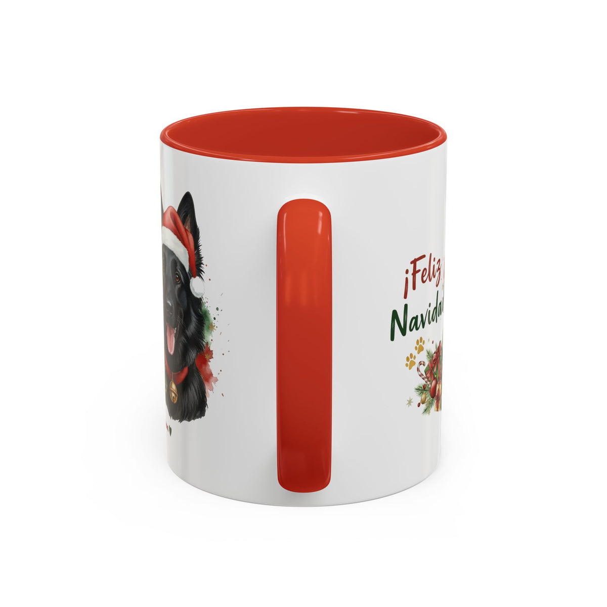 Taza Navideña Pastor Belga Groenendael de 325 ml con interior y asa en rojo navideño vista lateral Kiranoa