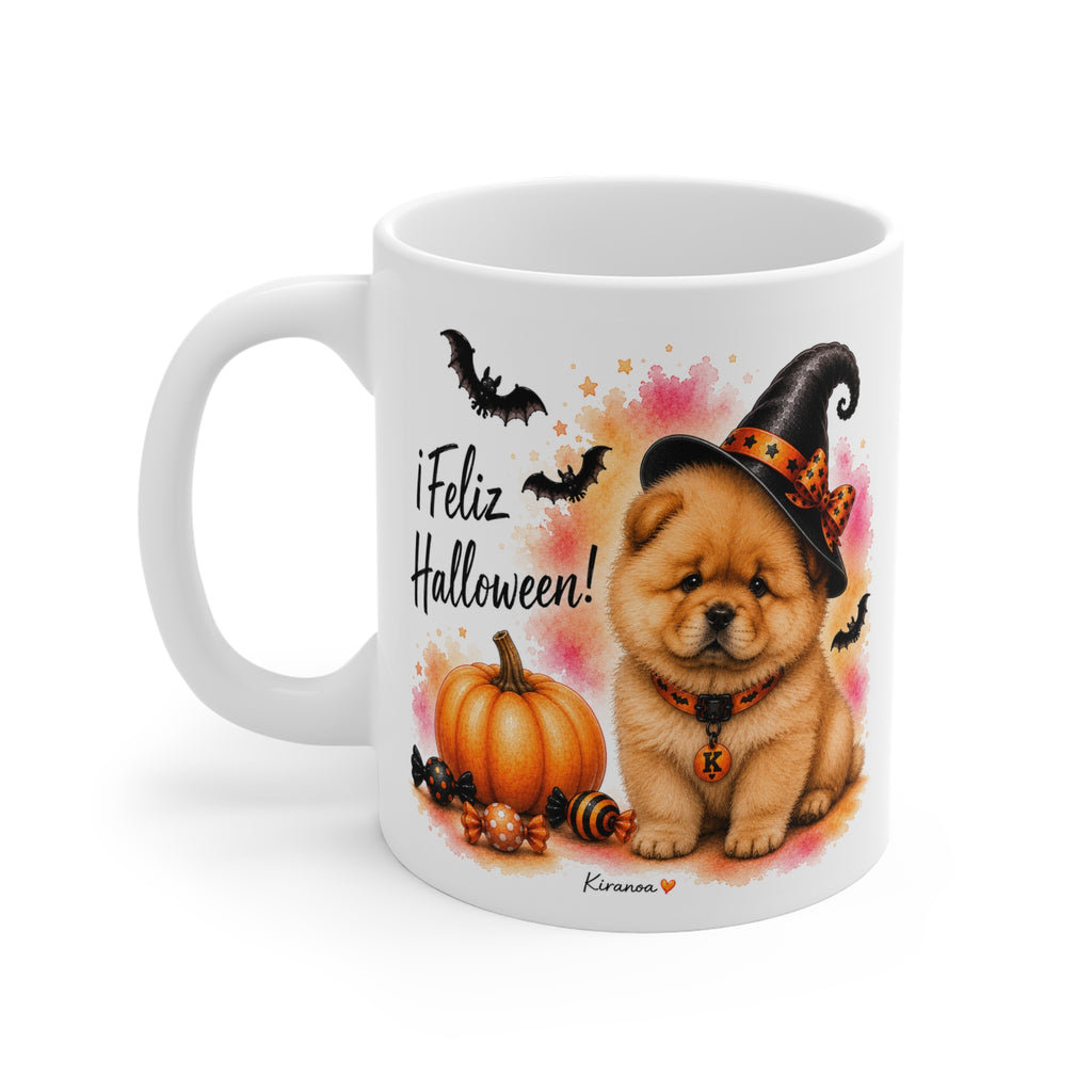 Taza cerámica Chow Chow Halloween con diseño impreso en ambas caras – vista trasera