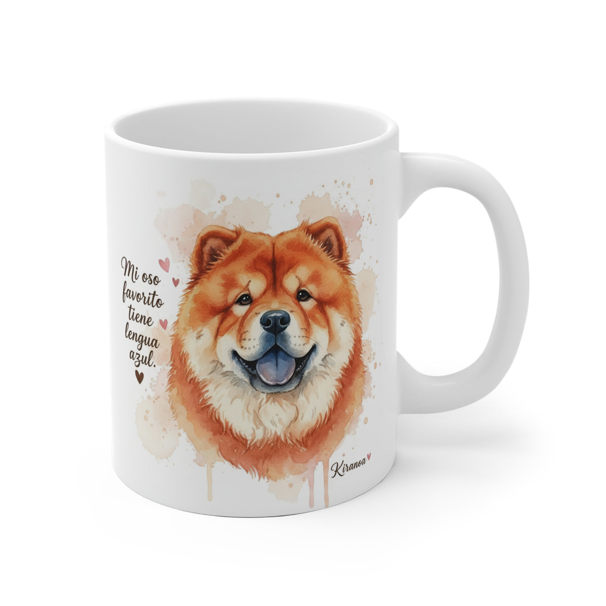 Taza cerámica Chow Chow con frase Mi oso favorito tiene lengua azul – vista frontal