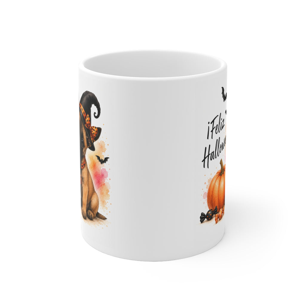 Taza cerámica Pastor Belga Malinois 325 ml edición Halloween vista lateral Kiranoa