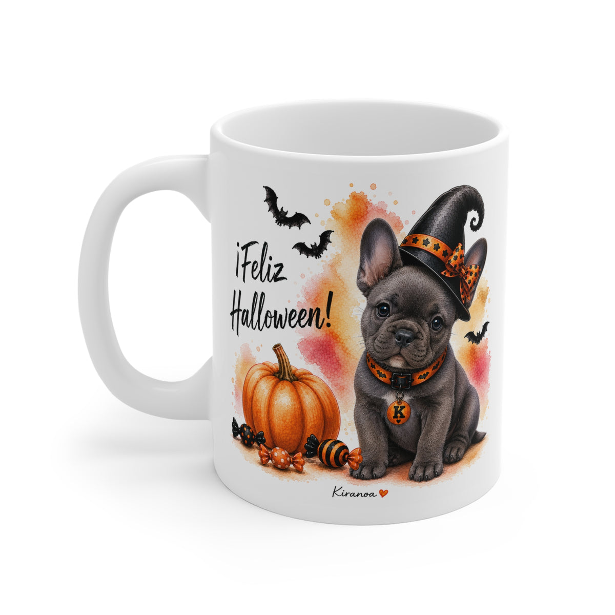 Taza cerámica Bulldog Francés Blue Halloween con diseño impreso en ambas caras vista trasera Kiranoa
