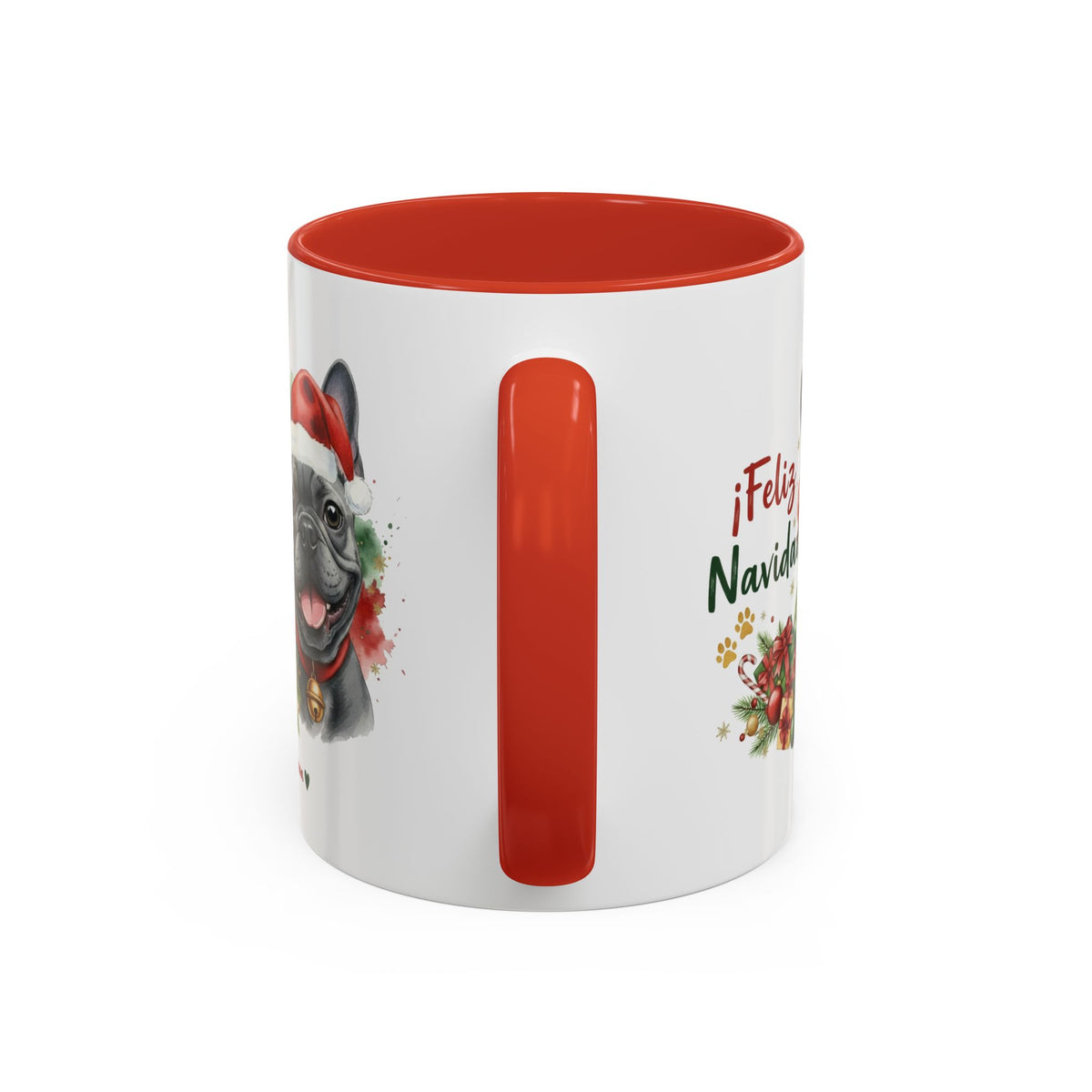 Taza Navideña Bulldog Francés Blue de 325 ml con interior y asa en rojo navideño vista lateral Kiranoa