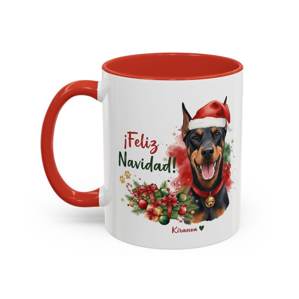 Taza Navideña Dóberman con interior y asa roja vista trasera Kiranoa