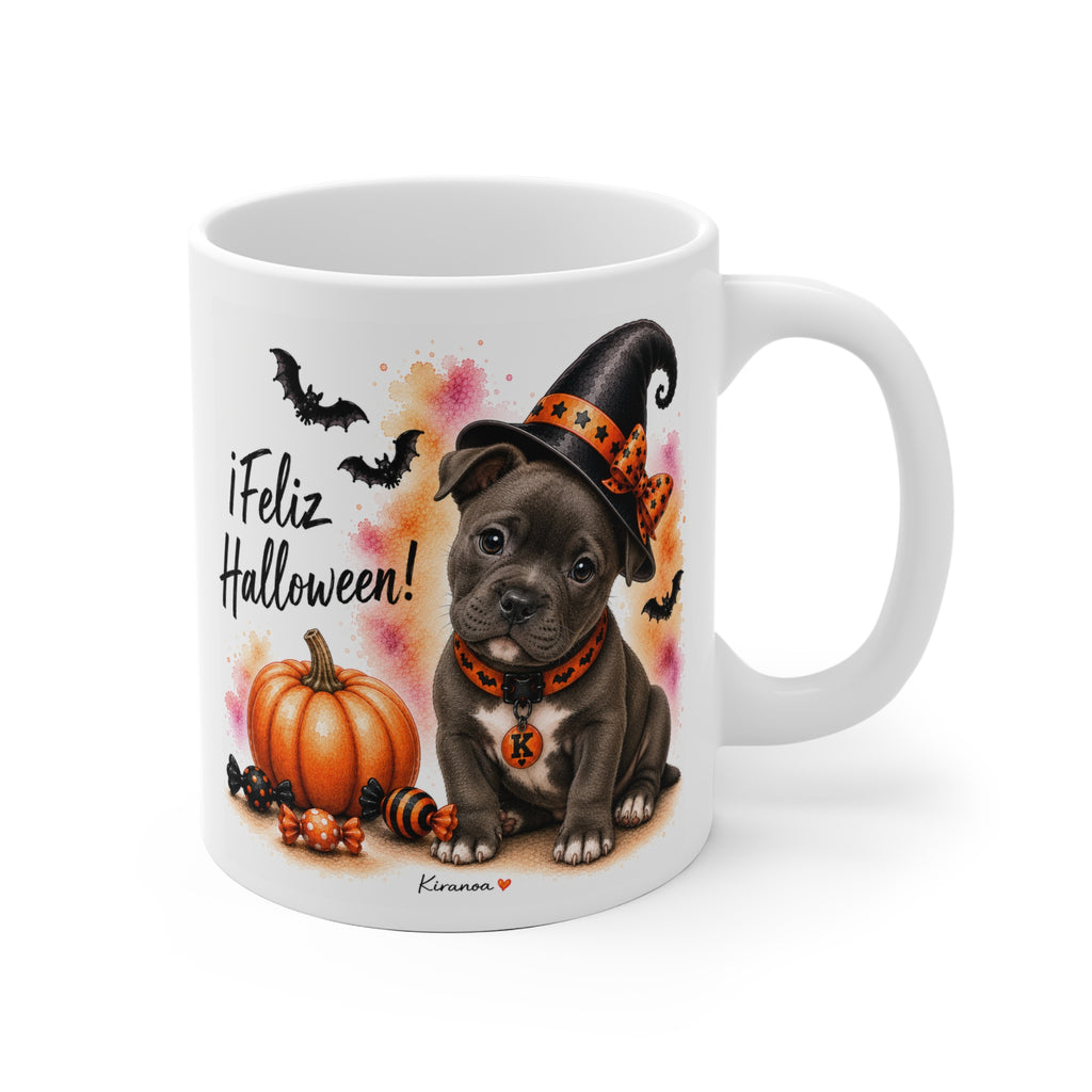 Taza cerámica Staffordshire Bull Terrier Halloween con ilustración terrorífica vista frontal Kiranoa
