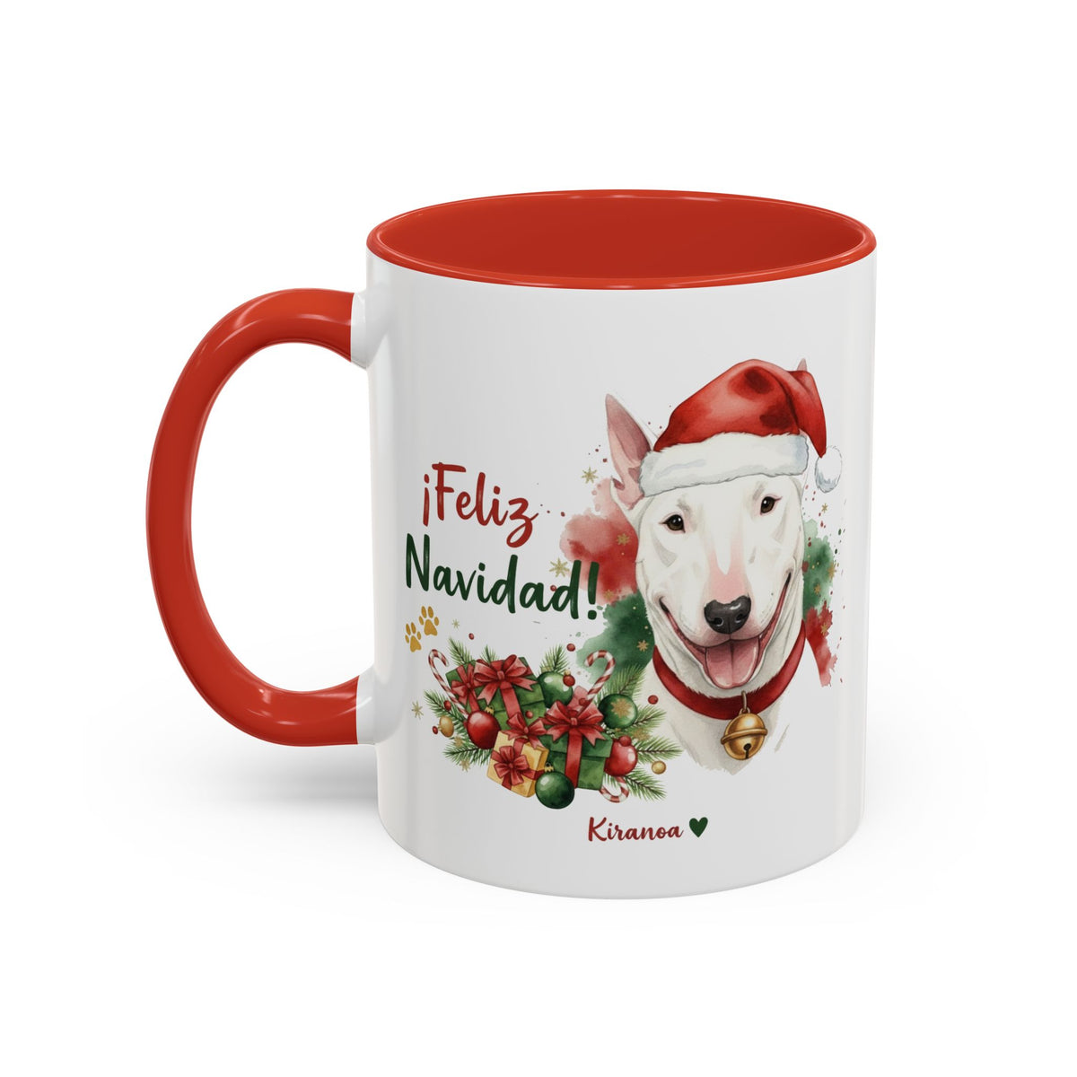 Taza Navideña Bull Terrier con interior y asa roja vista trasera Kiranoa