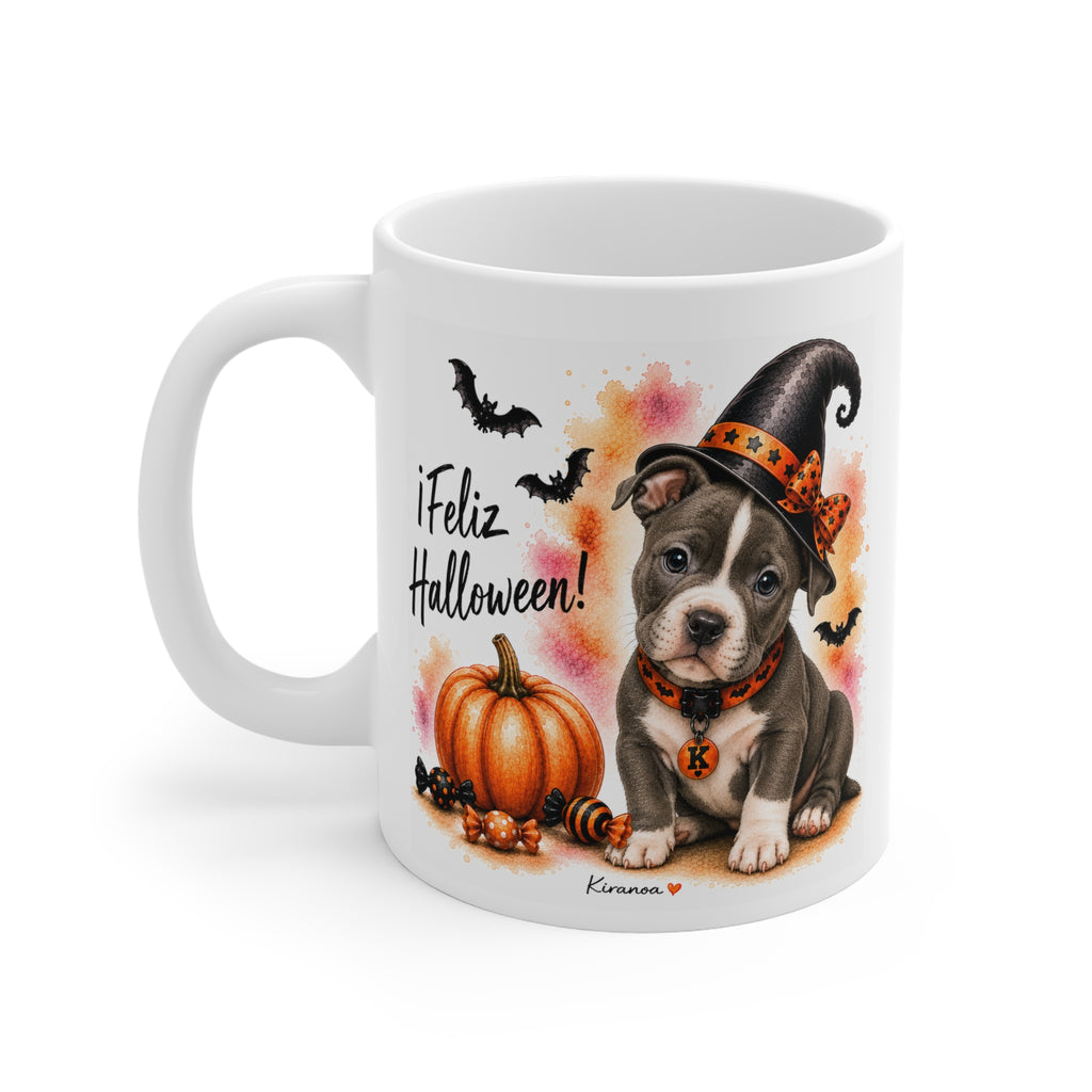 Taza cerámica American Staffordshire Terrier Halloween con diseño impreso en ambas caras vista trasera Kiranoa