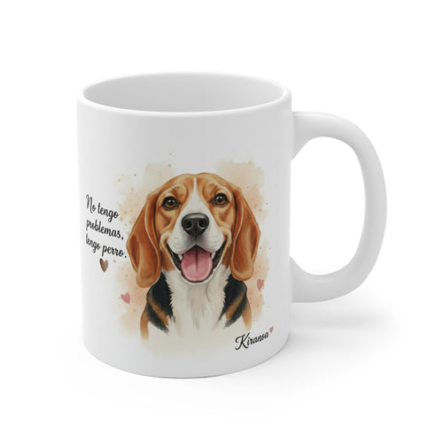 Taza cerámica Beagle con frase No tengo problemas, tengo perro – vista frontal