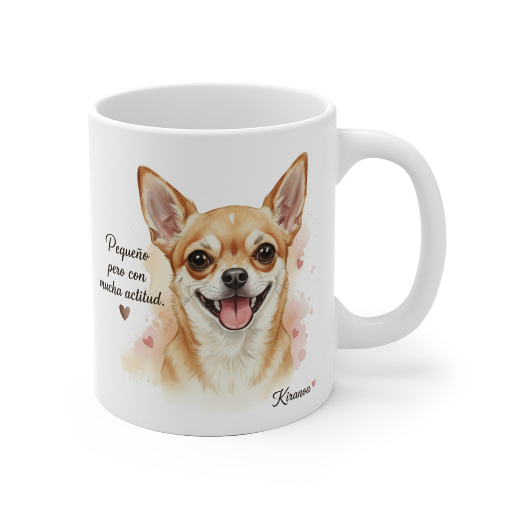 Taza cerámica Chihuahua con frase Pequeño pero con mucha actitud – vista frontal