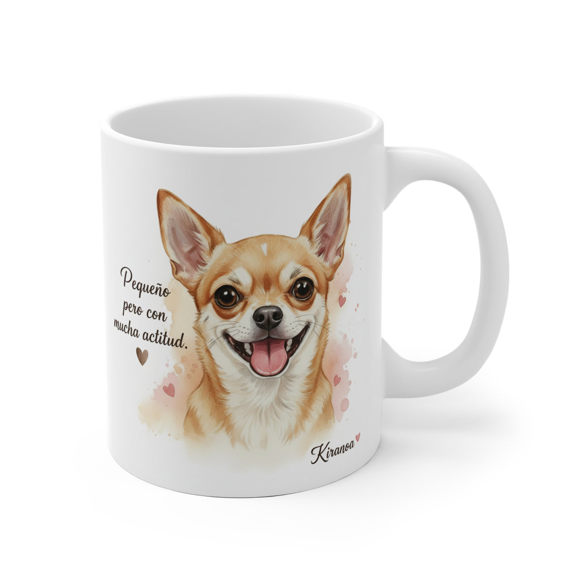 Taza cerámica Chihuahua con frase Pequeño pero con mucha actitud – vista frontal