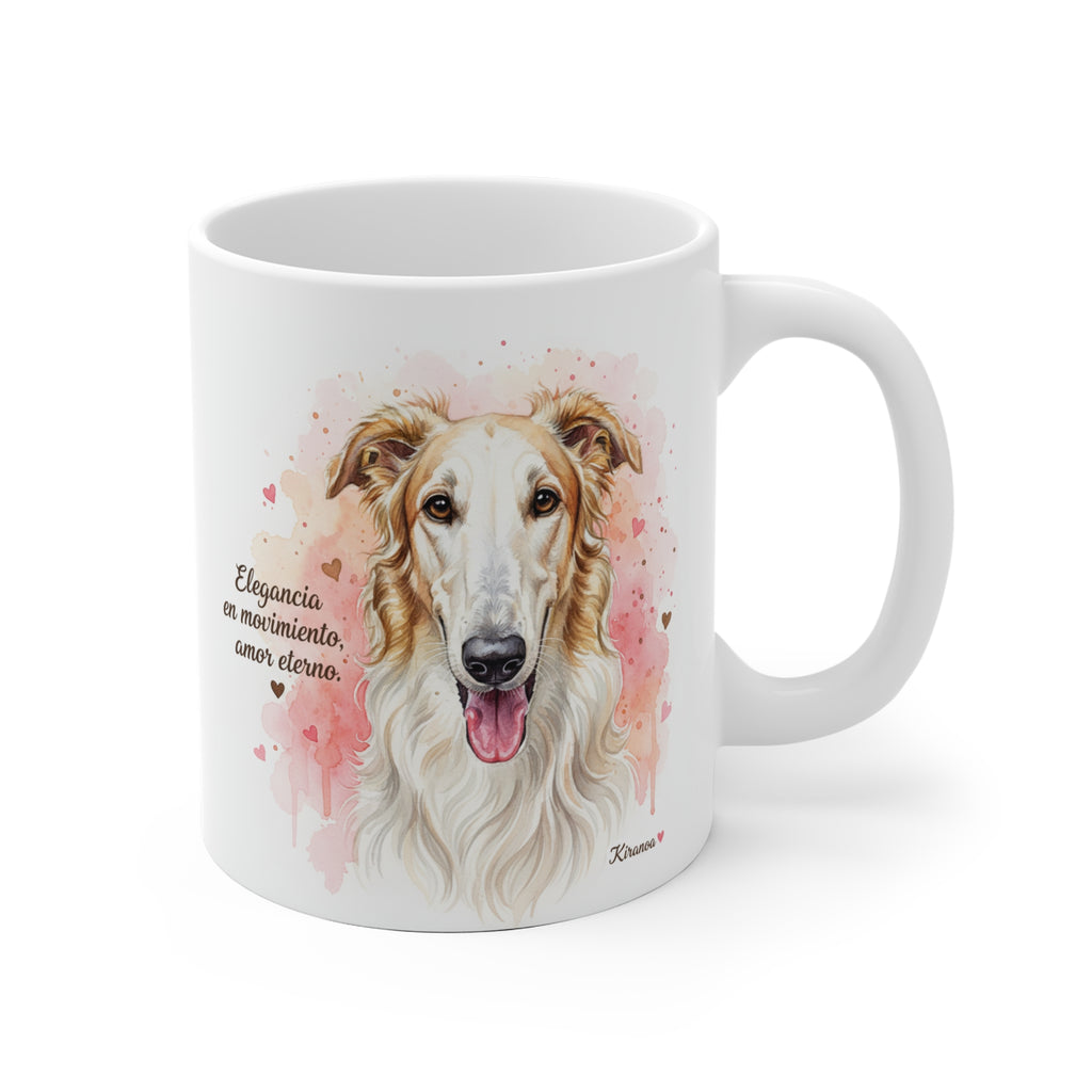 Taza cerámica Borzoi con frase Elegancia en movimiento, amor eterno – vista frontal