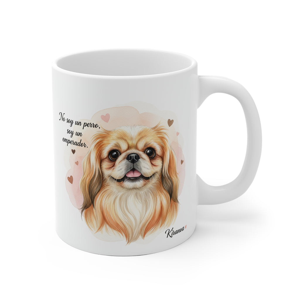 Taza cerámica Pequinés con frase No soy un perro, soy un emperador. – vista frontal