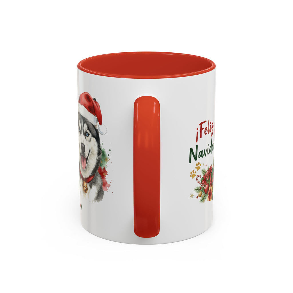 Taza Navideña Husky Siberiano de 325 ml con interior y asa en rojo navideño vista lateral Kiranoa 