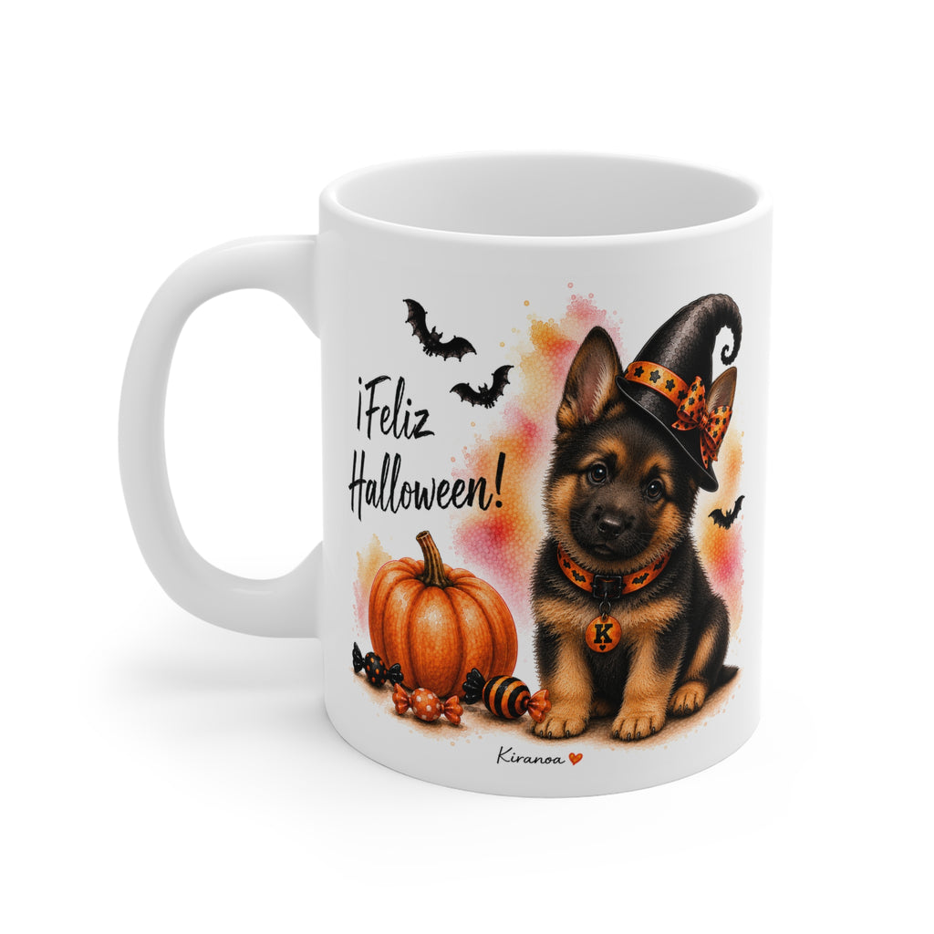 Taza cerámica Pastor Alemán Halloween con diseño impreso en ambas caras vista trasera Kiranoa