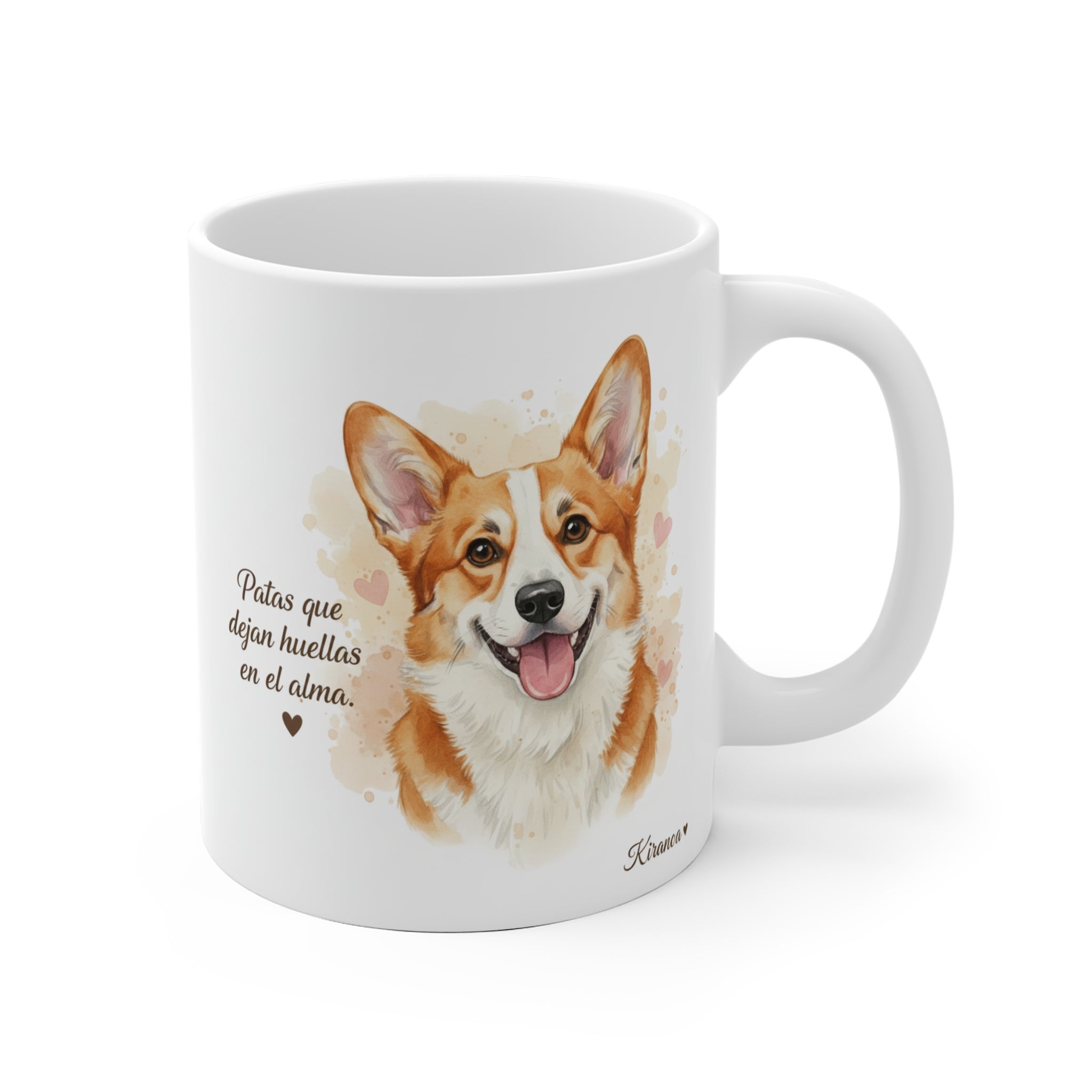 Taza Corgi con la frase Patas que dejan huellas en el alma — ilustración acuarela — Kiranoa