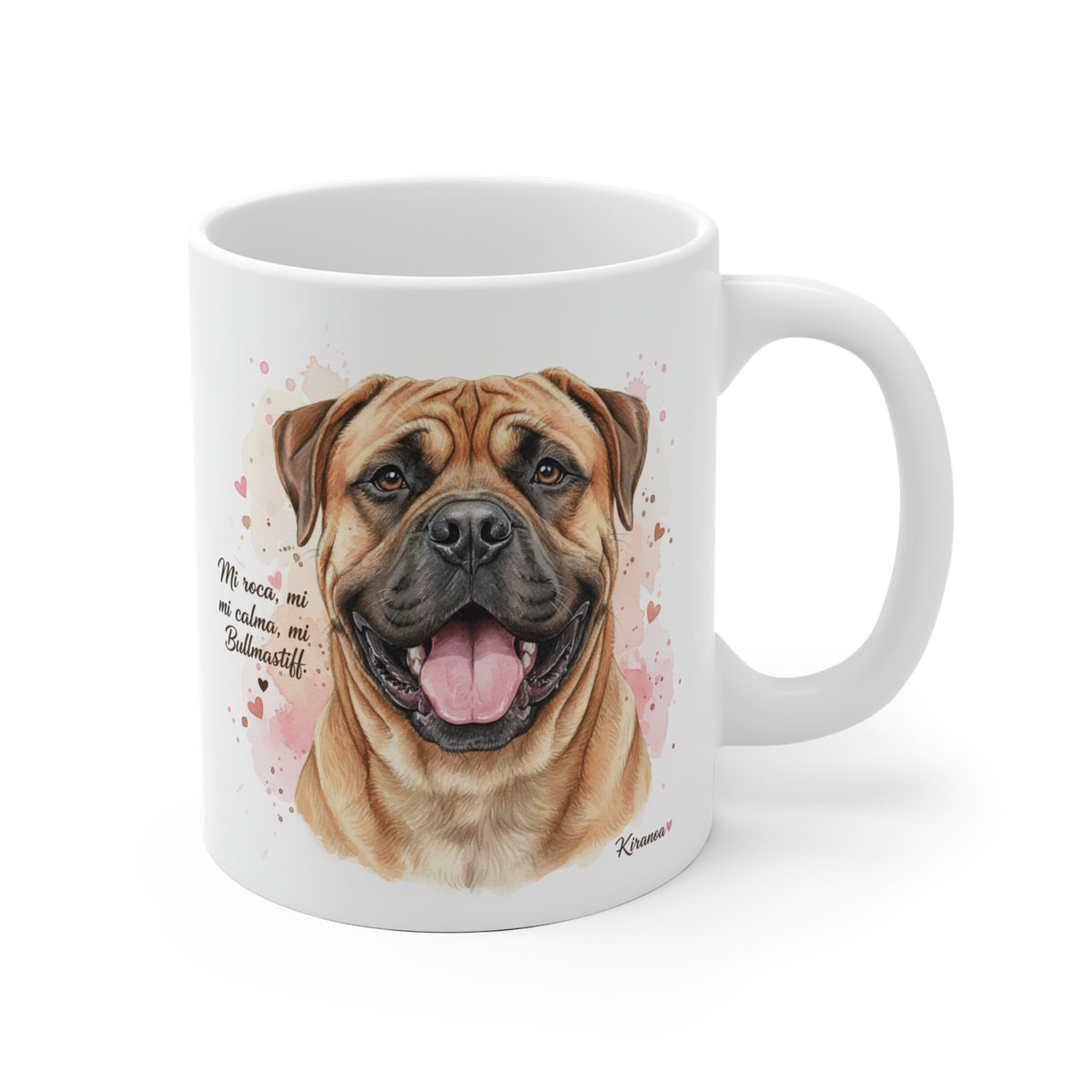 Taza cerámica Bullmastiff con frase Mi roca, mi calma, mi Bullmastiff. – vista frontal
