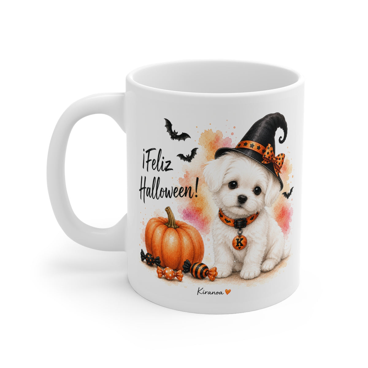 Taza cerámica Bichón Maltés Halloween con diseño impreso en ambas caras vista trasera Kiranoa
