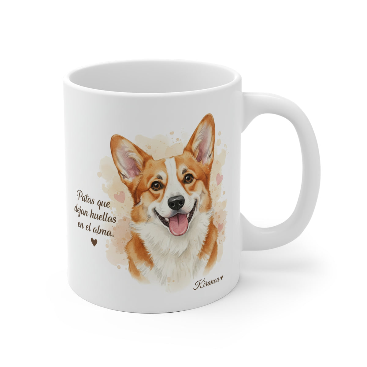 Taza cerámica Corgi con frase Patas que dejan huellas en el alma – vista frontal