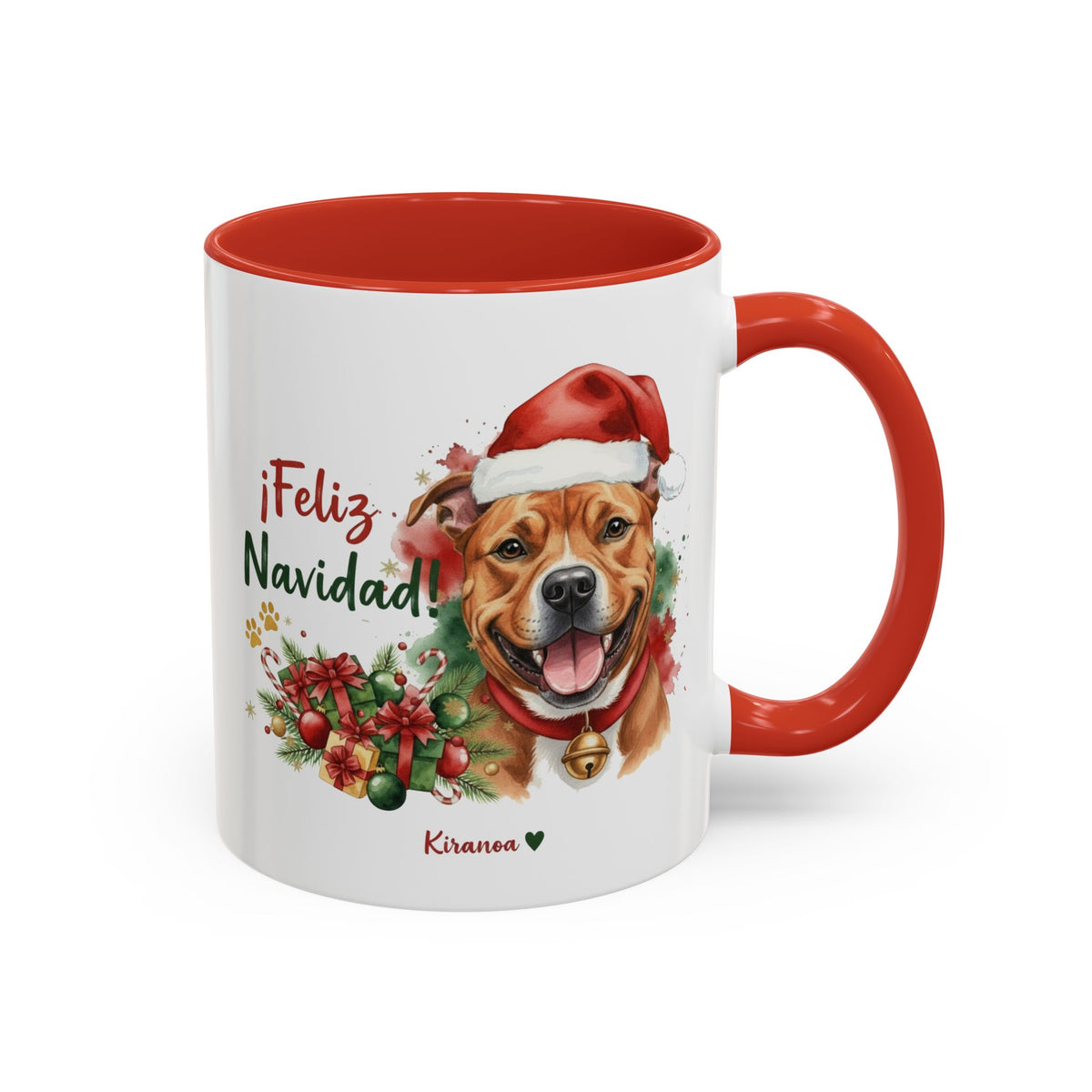 Taza Navideña American Pit Bull Terrier con frase ¡Feliz Navidad! vista frontal Kiranoa