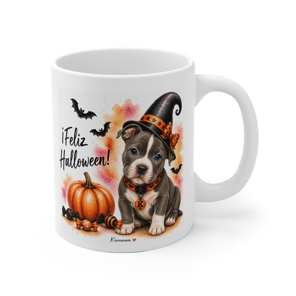 Taza cerámica American Staffordshire Terrier Halloween con ilustración terrorífica vista frontal Kiranoa