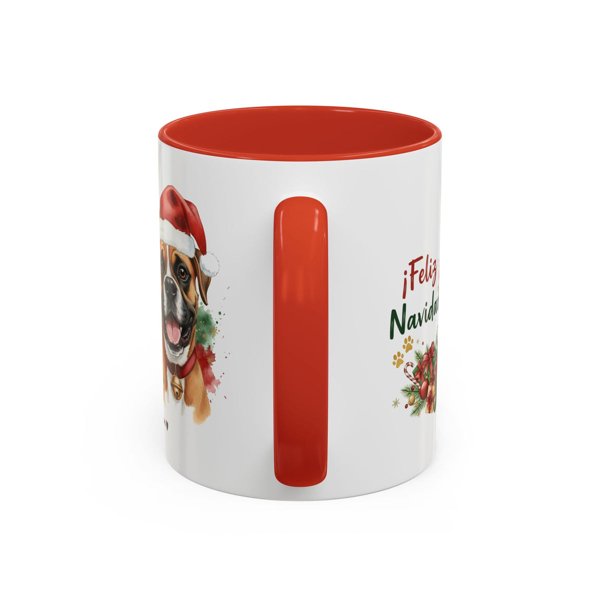 Taza Navideña Boxer de 325 ml con interior y asa en rojo navideño vista lateral Kiranoa