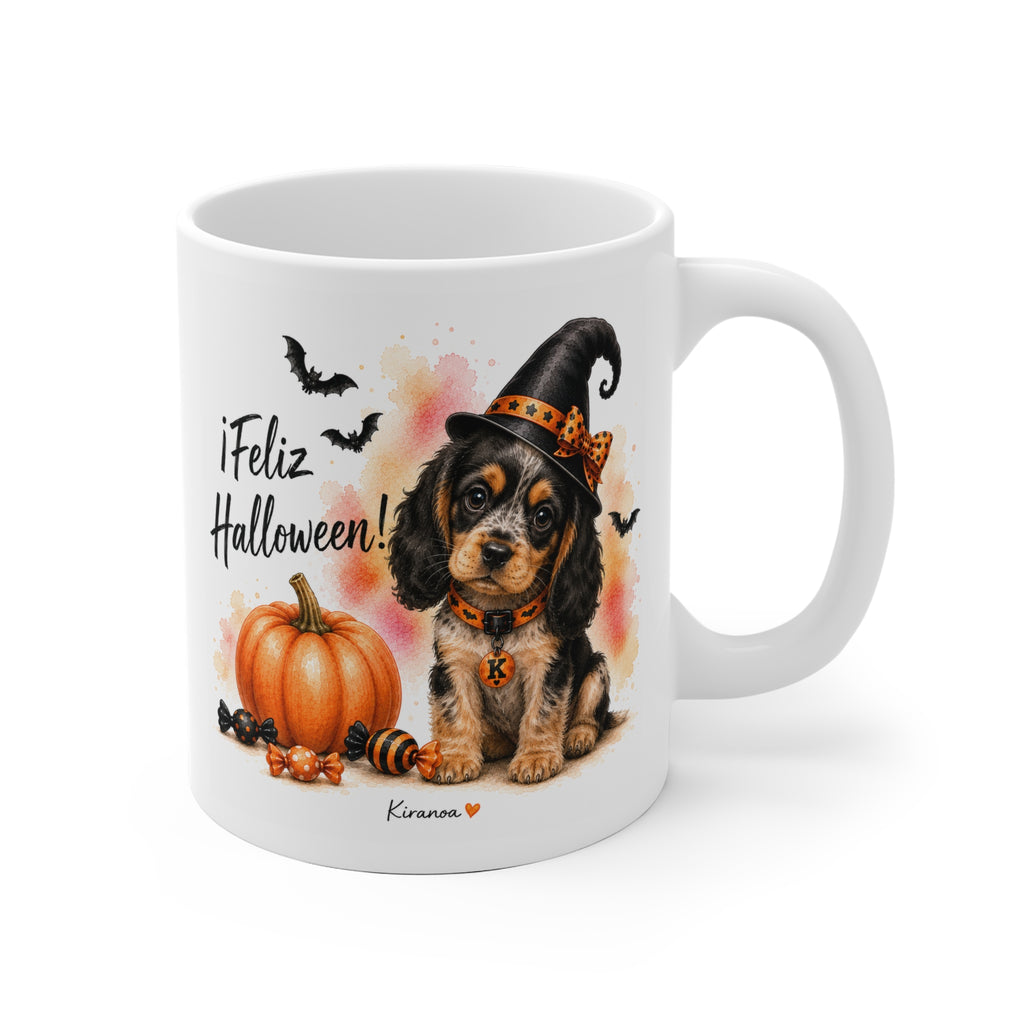 Taza cerámica Cocker Spaniel Inglés Tricolor Halloween con ilustración terrorífica vista frontal Kiranoa