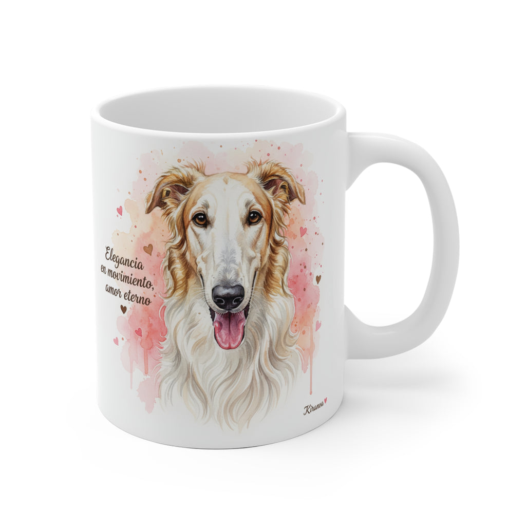 Taza cerámica Borzoi con frase Elegancia en movimiento amor eterno – vista frontal