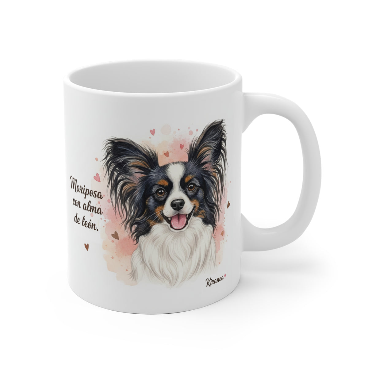 Taza cerámica Epagneul Papillón con frase "Mariposa con alma de león" – vista frontal