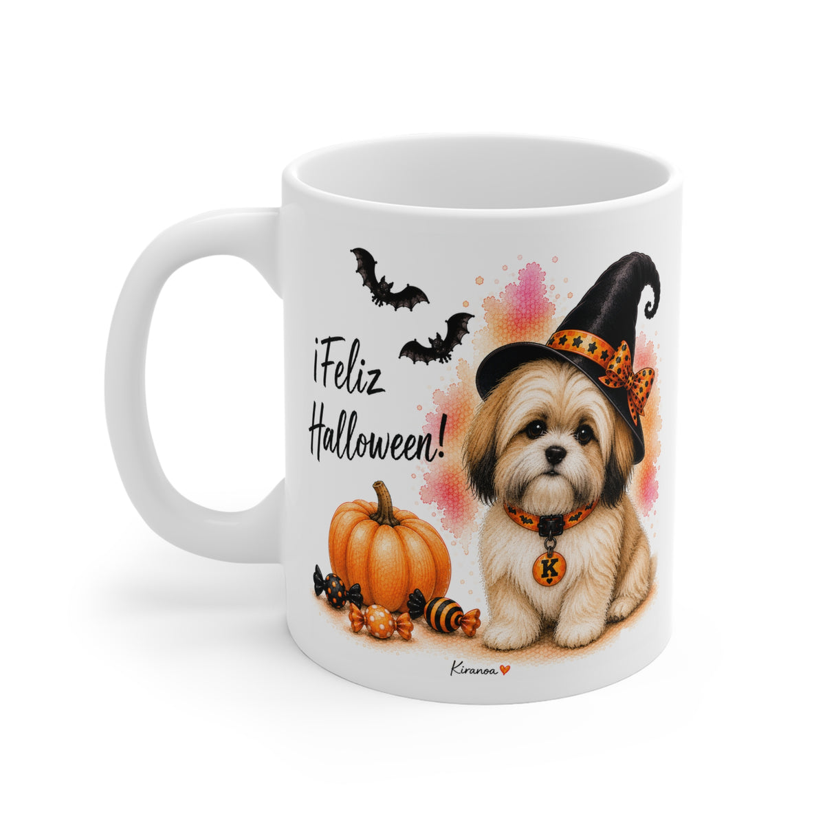 Taza cerámica Lhasa Apso Halloween con diseño impreso en ambas caras vista trasera Kiranoa