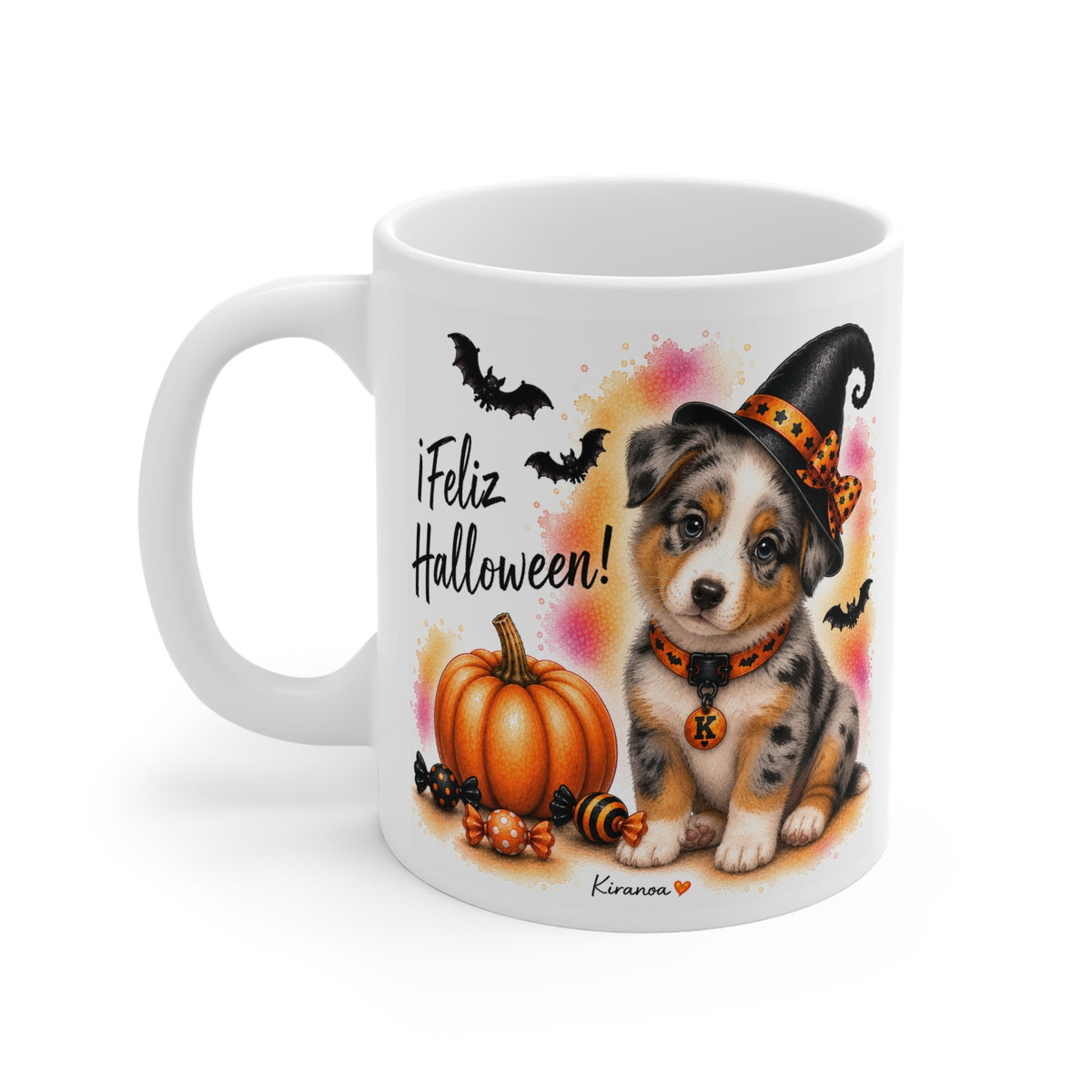 Taza cerámica Pastor Australiano Halloween con diseño impreso en ambas caras vista trasera Kiranoa