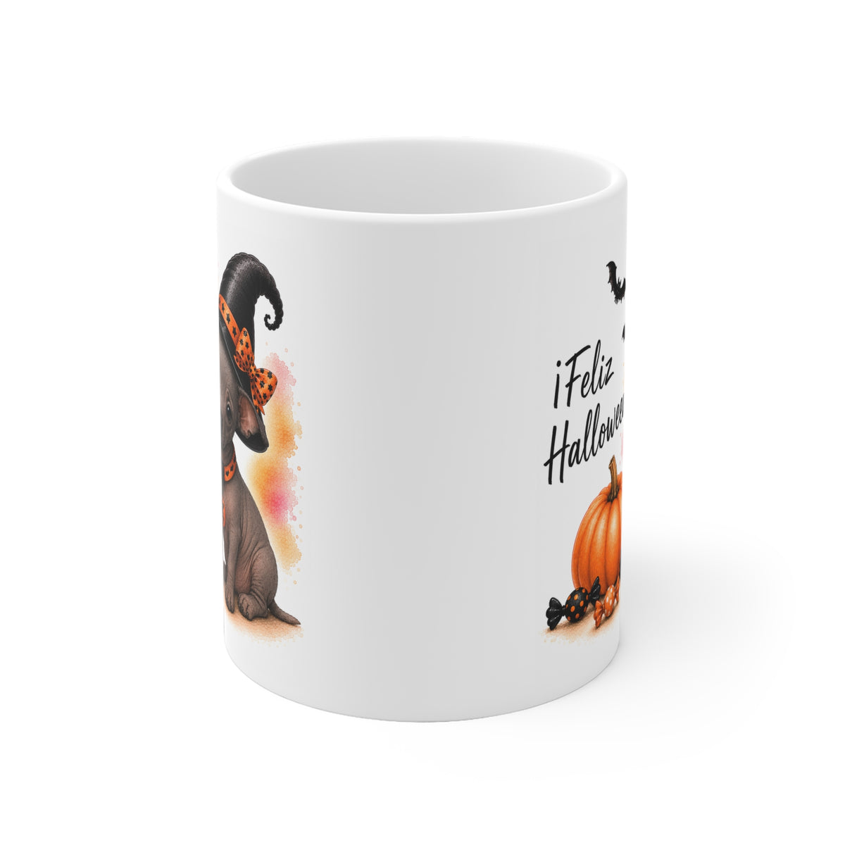 Taza cerámica Perro sin pelo del Perú 325 ml edición Halloween vista lateral Kiranoa