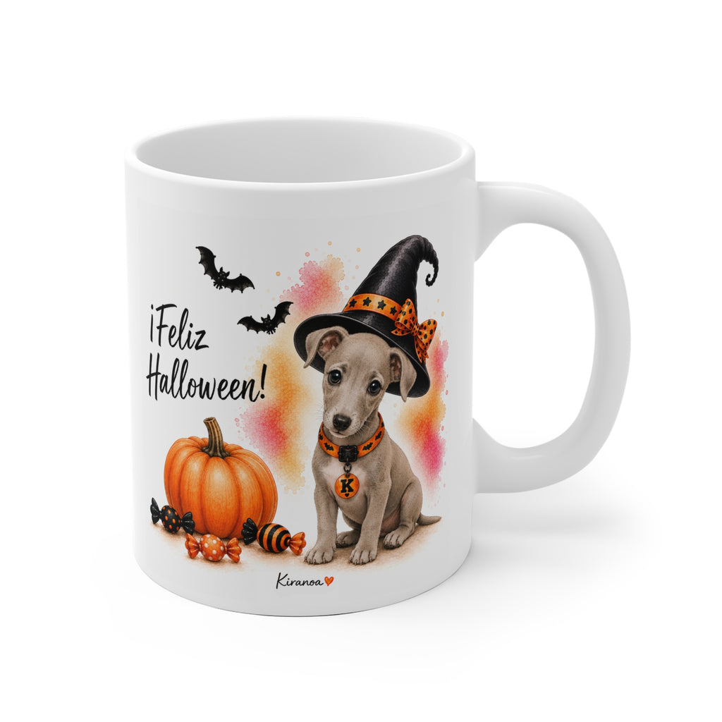 Taza cerámica Whippet Halloween con ilustración terrorífica vista frontal Kiranoa