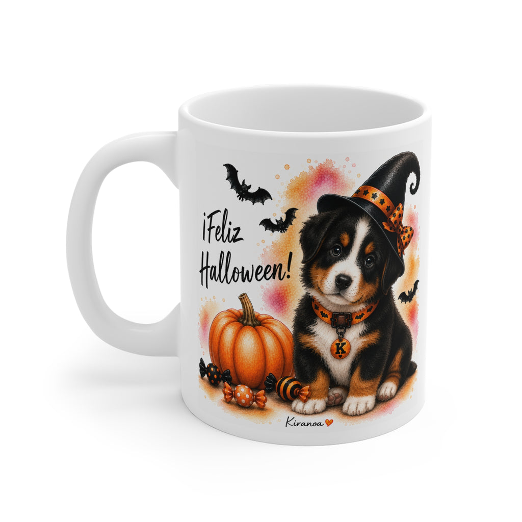 Taza cerámica Boyero de Berna Halloween con diseño impreso en ambas caras vista trasera Kiranoa
