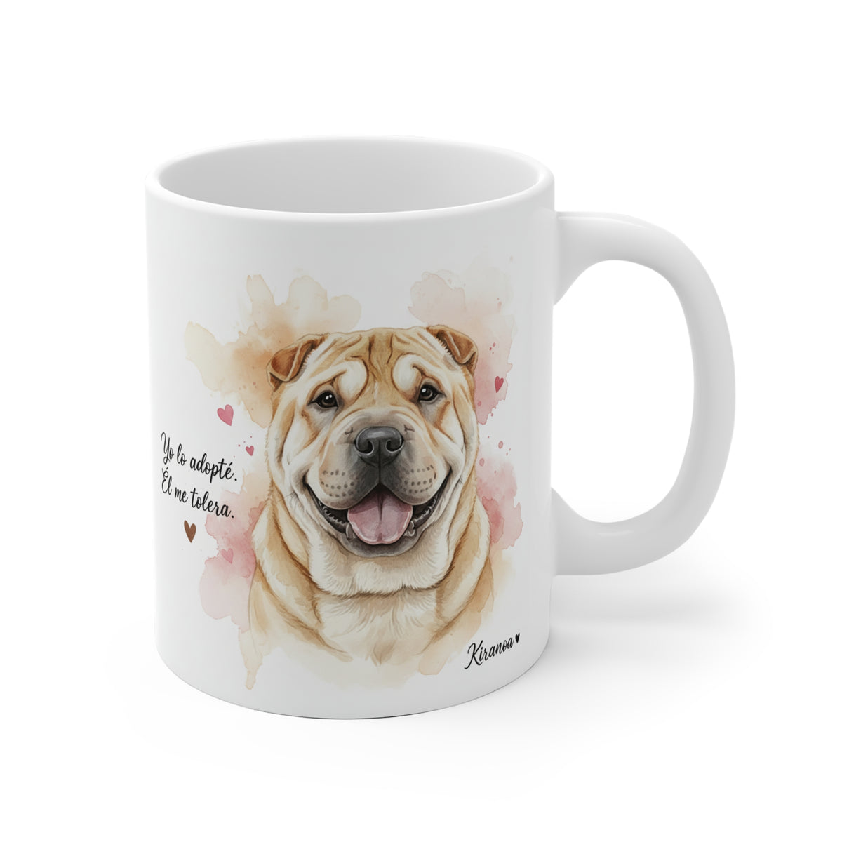 Taza cerámica Shar Pei con frase Yo lo adopté él me tolera – vista frontal