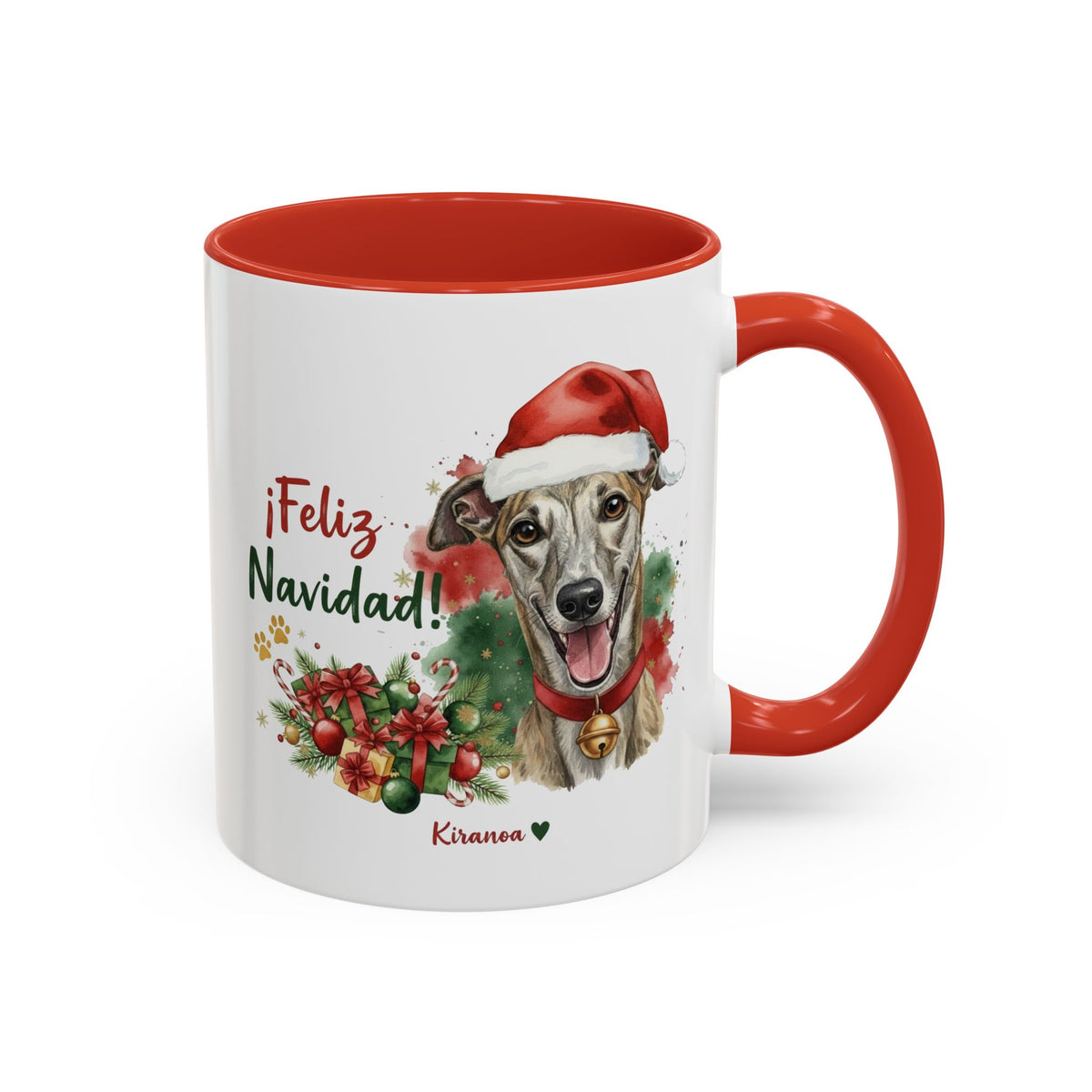 Taza Navideña Galgo Español con frase ¡Feliz Navidad! vista frontal Kiranoa