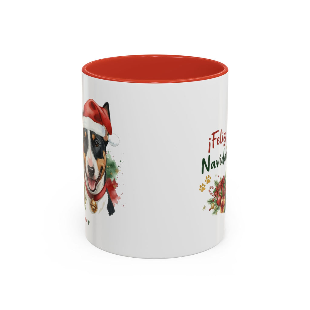 Taza Navideña Bull Terrier Tricolor con diseño navideño impreso vista lateral Kiranoa