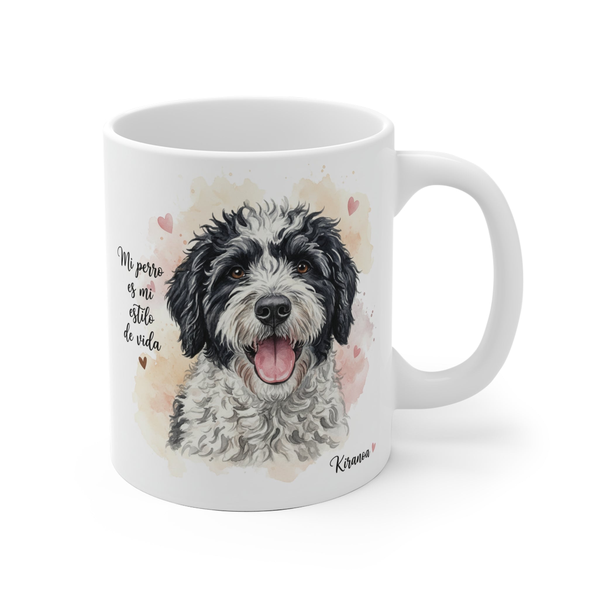 Taza de cerámica con ilustración de Perro de Agua Español y la frase Mi perro es mi estilo de vida – Kiranoa