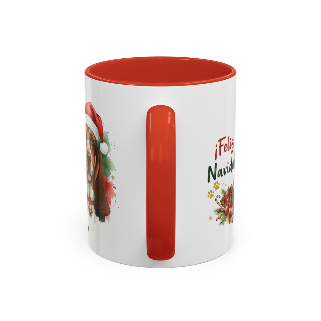 Taza Navideña Basset Hound de 325 ml con interior y asa en rojo navideño vista lateral Kiranoa