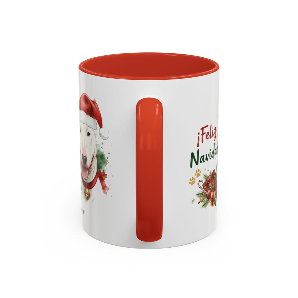 Taza Navideña Bull Terrier de 325 ml con interior y asa en rojo navideño vista lateral Kiranoa
