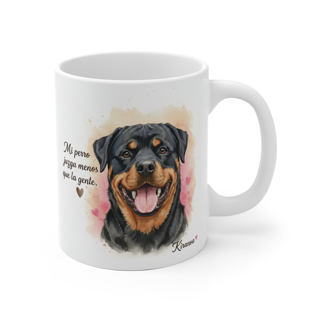Taza cerámica Rottweiler con frase Mi perro juzga menos que la gente – vista frontal