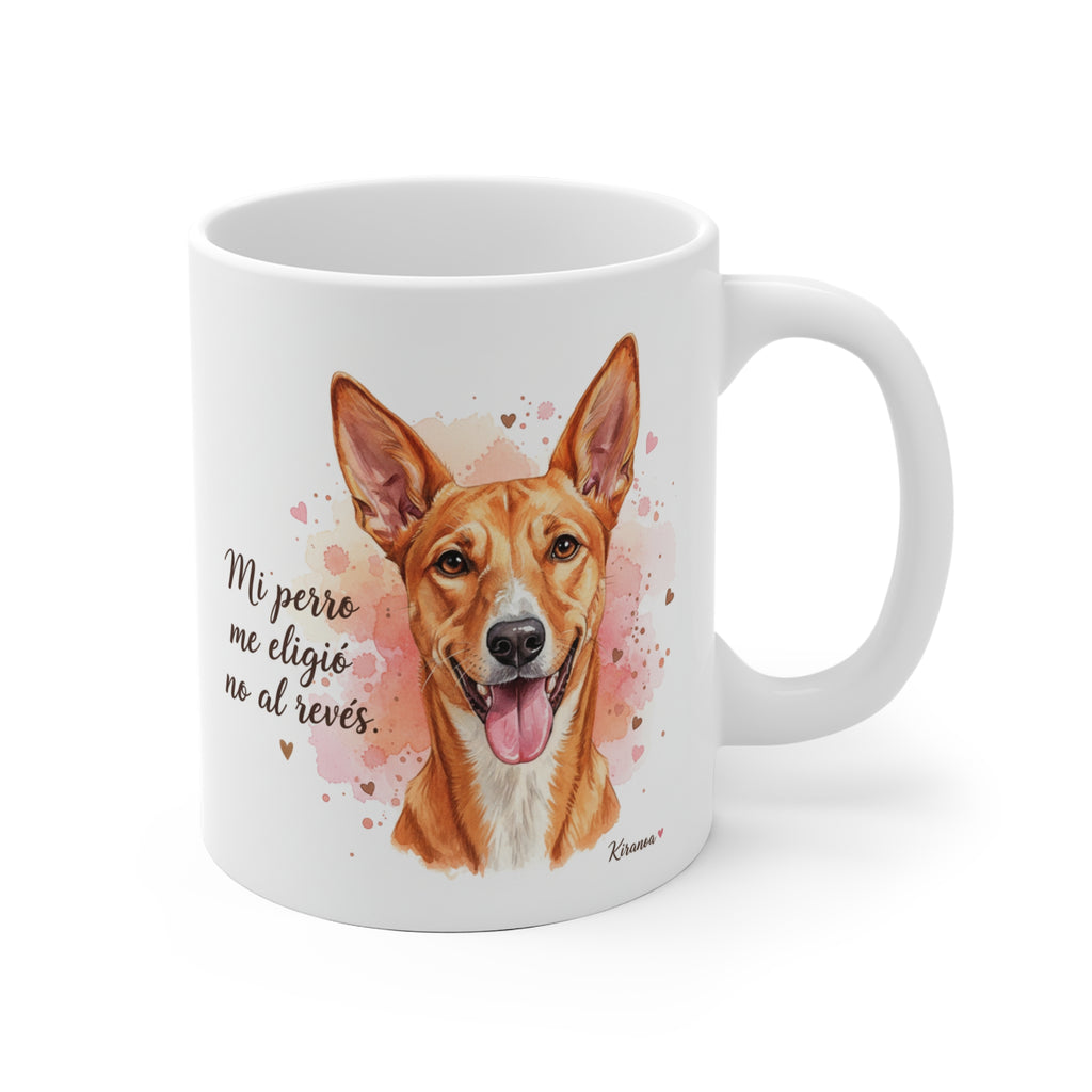 Taza cerámica Podenco Andaluz con frase Mi perro me eligió no al revés – vista frontal